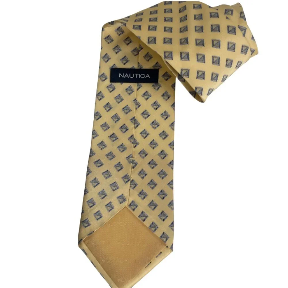 NAUTICA Vintage 90s Geometric Diamond Silk Tie Gold Navy Preppy Academia